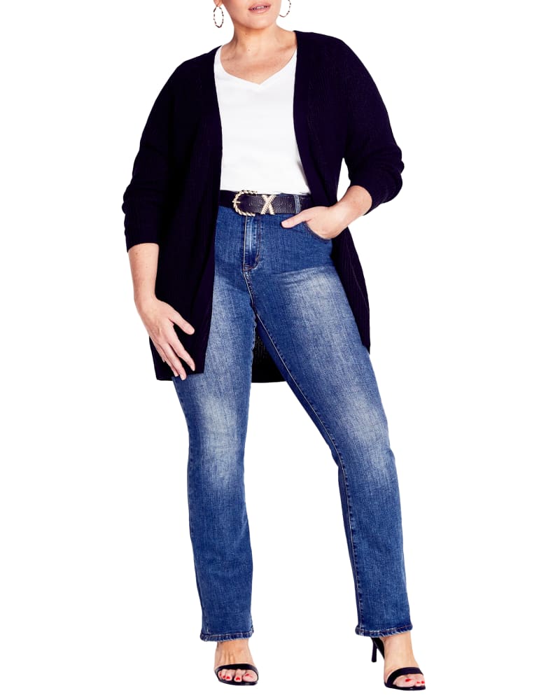 Front of a model wearing a size 18 CARDI BOYFRIEND in Black by avenue. | dia_product_style_image_id:302977